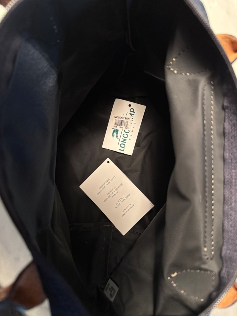 Longchamp Navy Tote with Brown Leather Trim and Gold Accent - Picture 4 of 5
